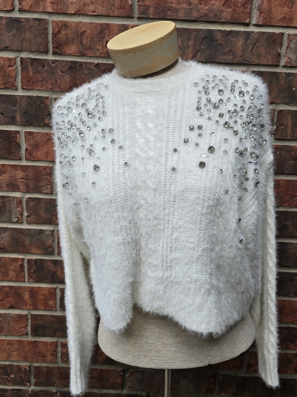 Miss Selfridge White Fuzzy Cable-Knit Sweater with Crystal Accents